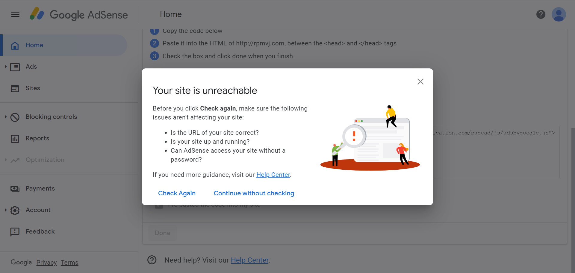 situs tidak dapat dijangkau adsense